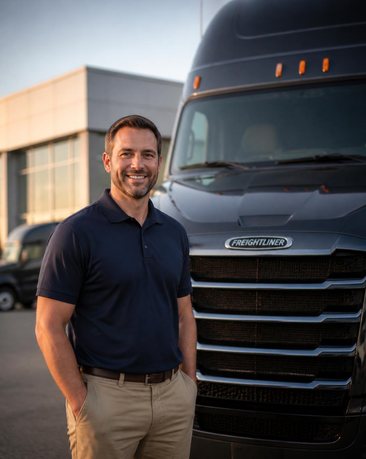 Matt Sherman, commercial truck sales consultant at Rhode Island Truck Center, standing beside a Freightliner truck